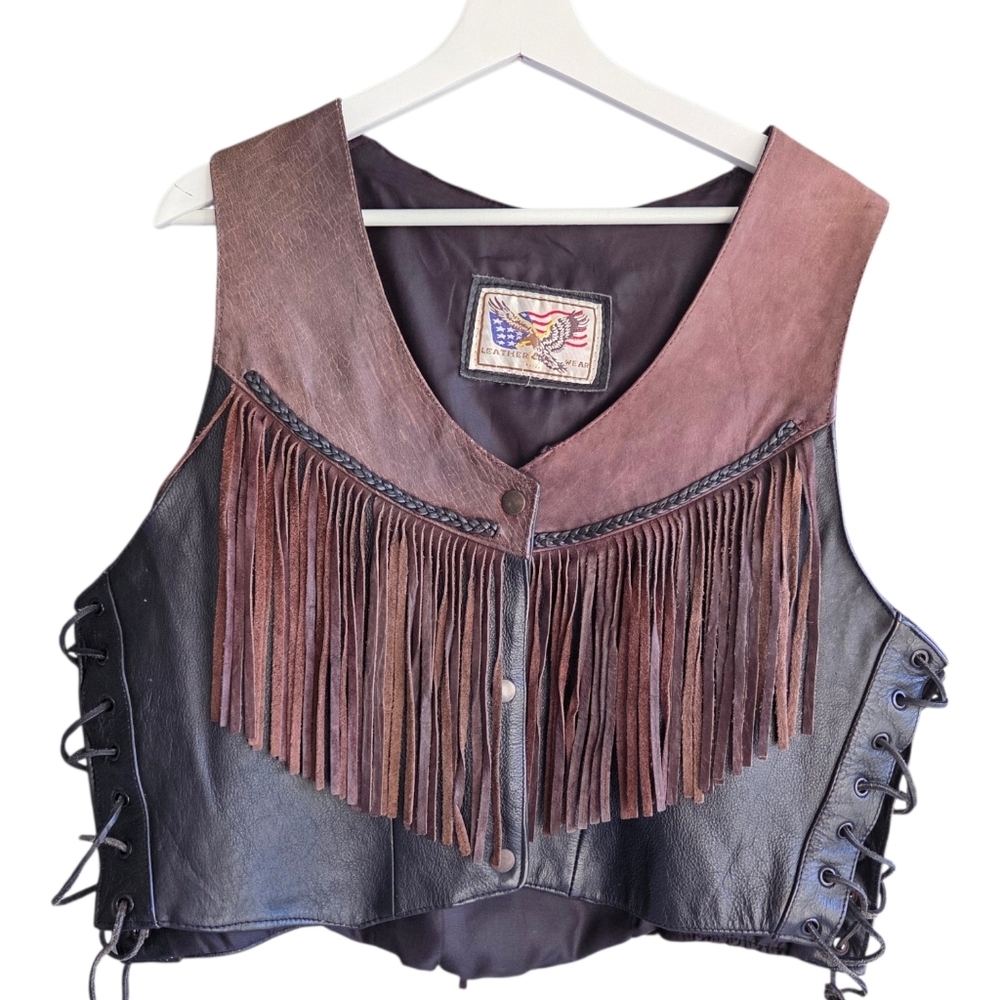 Vintage western biker Fringed Leather Vest with Lace-Up Sides L/XL